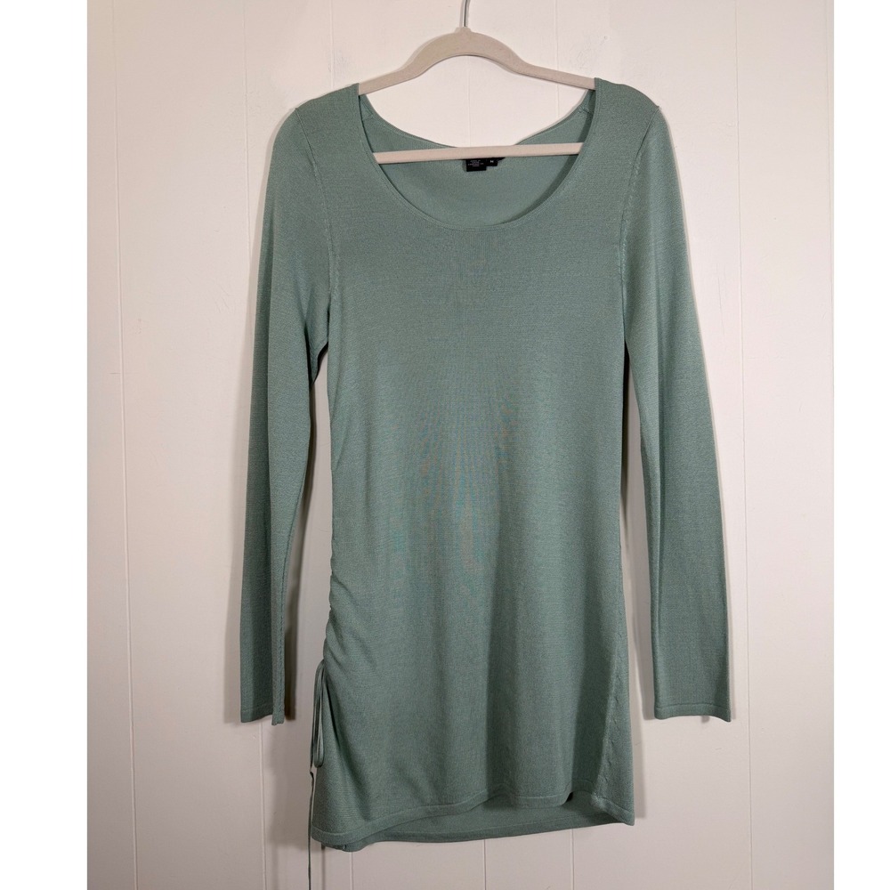 Magaschoni Silk Blend Tunic Sweater Sage Green Long Sleeve Ruched Side Medium